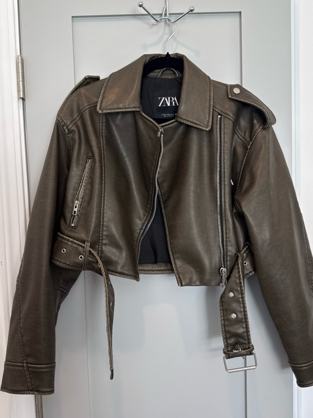 Zara Olive Green/Brown Cropped Faux Leather Biker Jacket